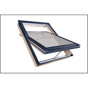 Okno drewniane trzyszybowe sterowane WiFi FAKRO FTP-X P50 bez nawiewnika rozmiar 94x140 kolor RAL 7022